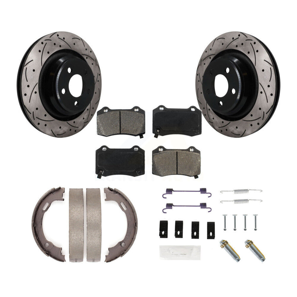 Rear Disc Drilled & Slotted Rotors Semi-Metallic Pads Parking Shoes Hardware Kit For 300 KDS-101771