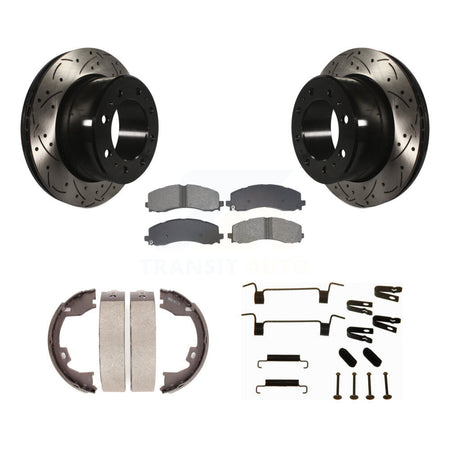 Rear Disc Drilled & Slotted Rotors Semi-Metallic Pads Parking Shoes Hardware Kit For Ram KDS-101773