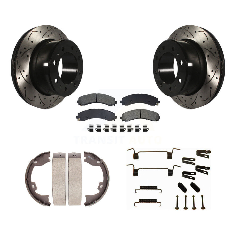 Rear Disc Drilled & Slotted Rotors Semi-Metallic Pads Parking Shoes And Hardware Kit For KDS-101774