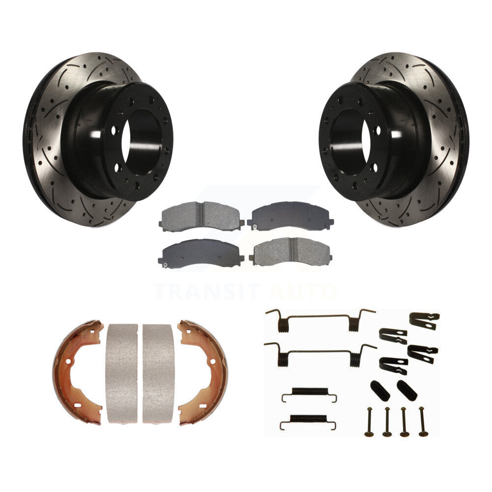 Rear Disc Drilled & Slotted Rotors Semi-Metallic Pads Parking Shoes And Hardware Kit For KDS-101775