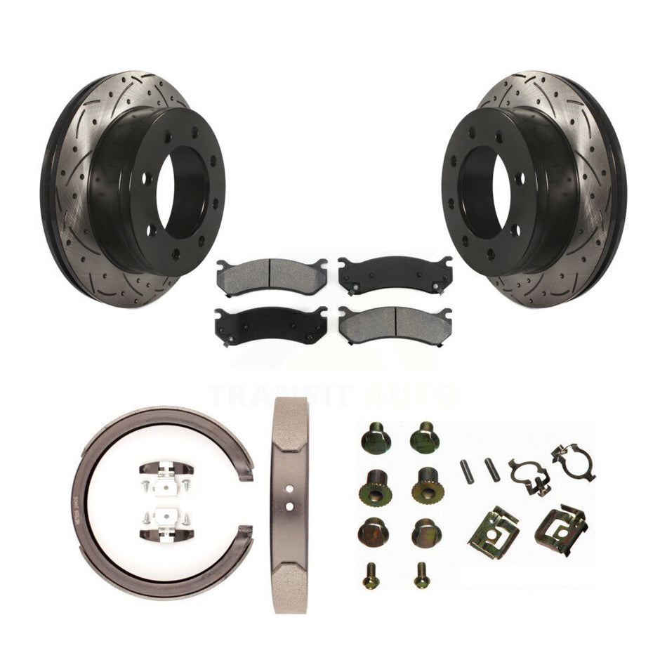 Rear Disc Drilled & Slotted Rotors Semi-Metallic Pads Parking Shoes And Hardware Kit For KDS-101776