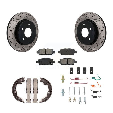 Rear Disc Drilled & Slotted Rotors Semi-Metallic Pads Parking Shoes And Hardware Kit For KDS-101777
