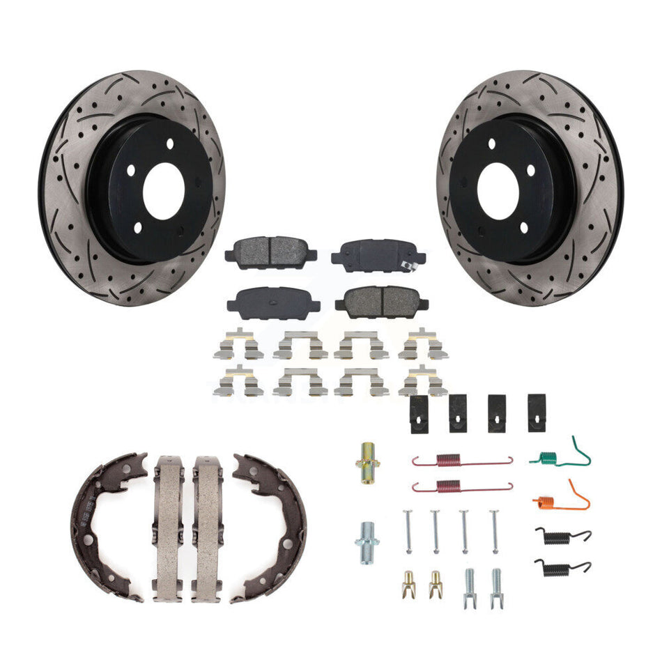 Rear Disc Drilled & Slotted Rotors Semi-Metallic Pads Parking Shoes And Hardware Kit For KDS-101777