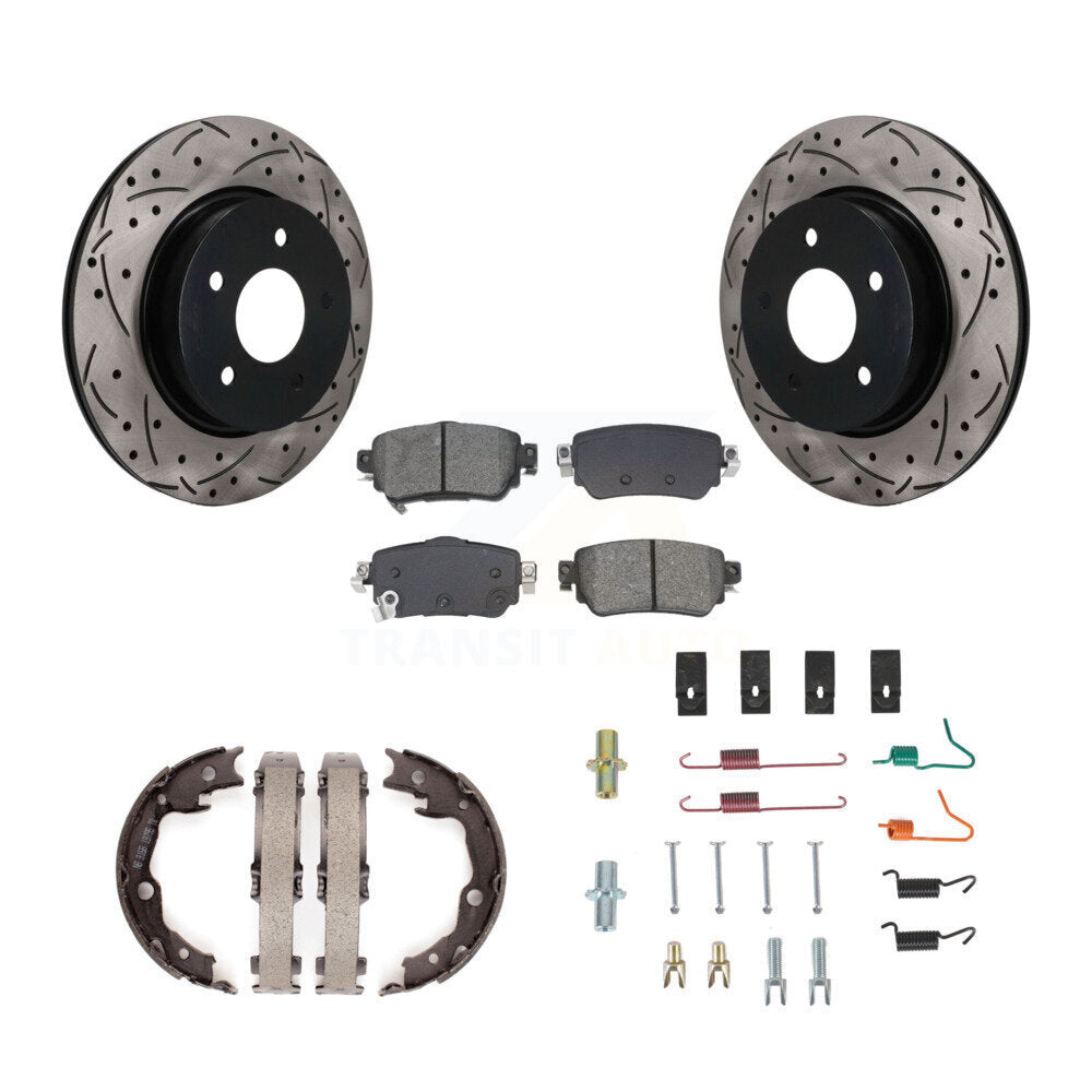 Rear Disc Drilled & Slotted Rotors Semi-Metallic Pads Parking Shoes And Hardware Kit For KDS-101778