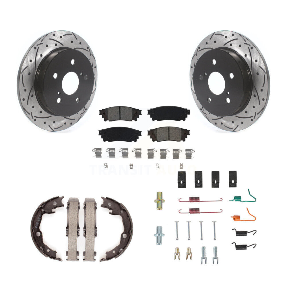 Rear Disc Drilled & Slotted Rotors Semi-Metallic Pads Parking Shoes And Hardware Kit For KDS-101779