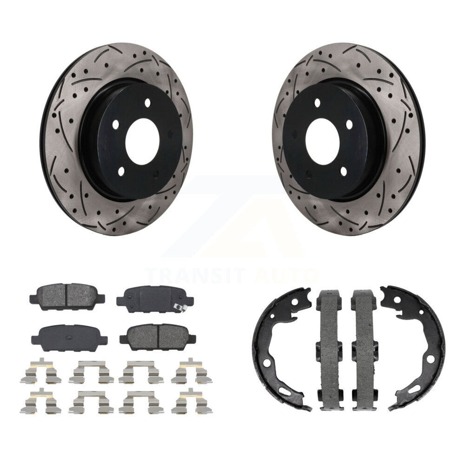 Rear Disc Drilled & Slotted Rotors Semi-Metallic Pads Parking Shoes Kit For Nissan Rogue KDS-101782