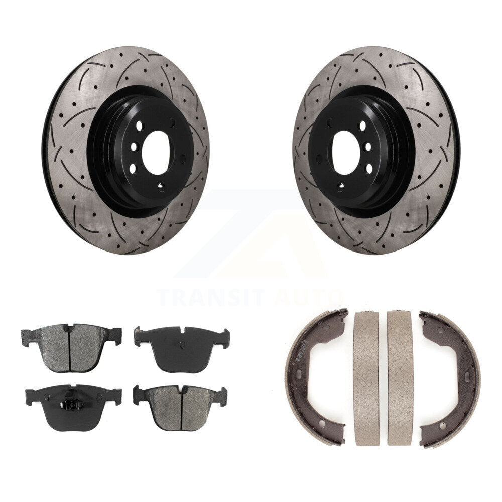 Rear Disc Drilled & Slotted Rotors Semi-Metallic Pads Parking Shoes Kit For BMW 750i 550i KDS-101786