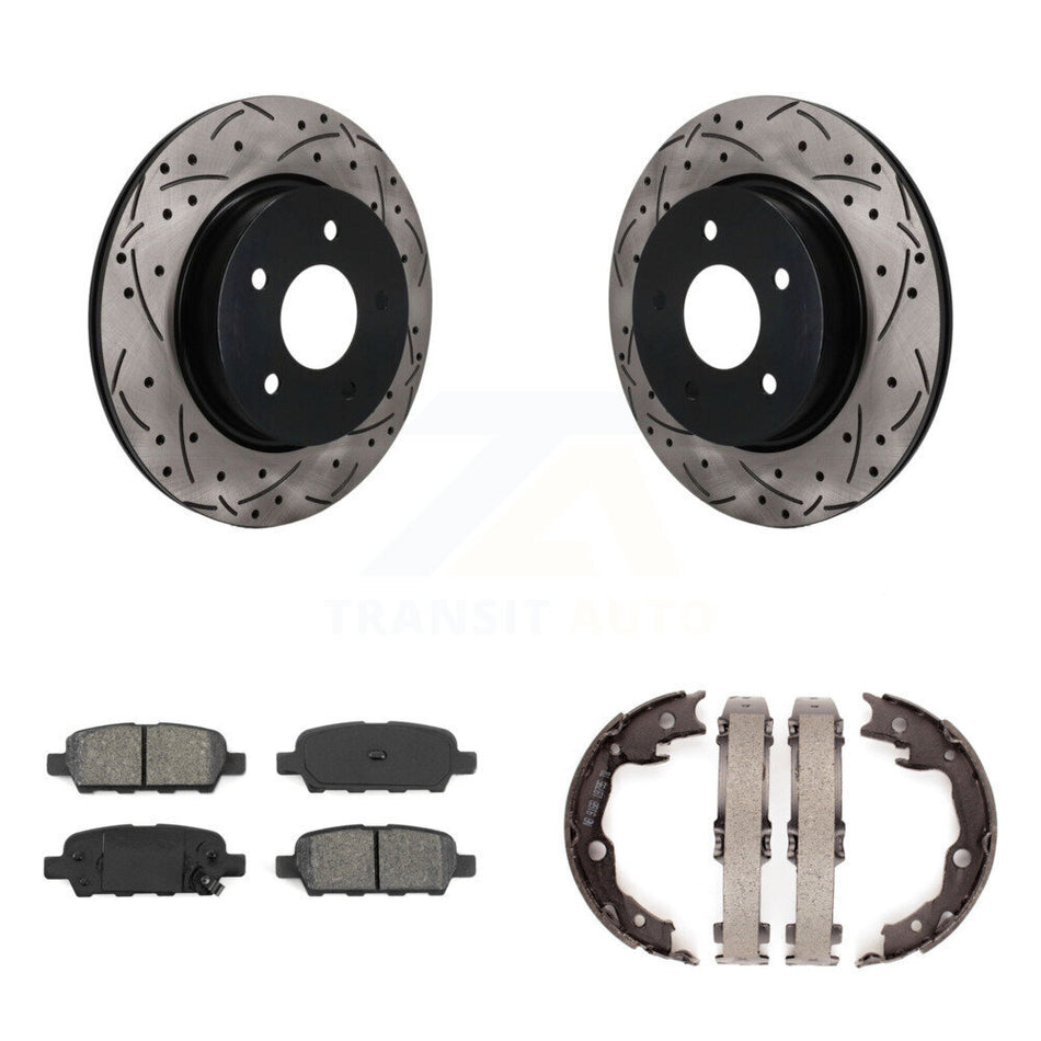 Rear Disc Drilled & Slotted Rotors Semi-Metallic Pads Parking Shoes Kit For Nissan LEAF KDS-101787