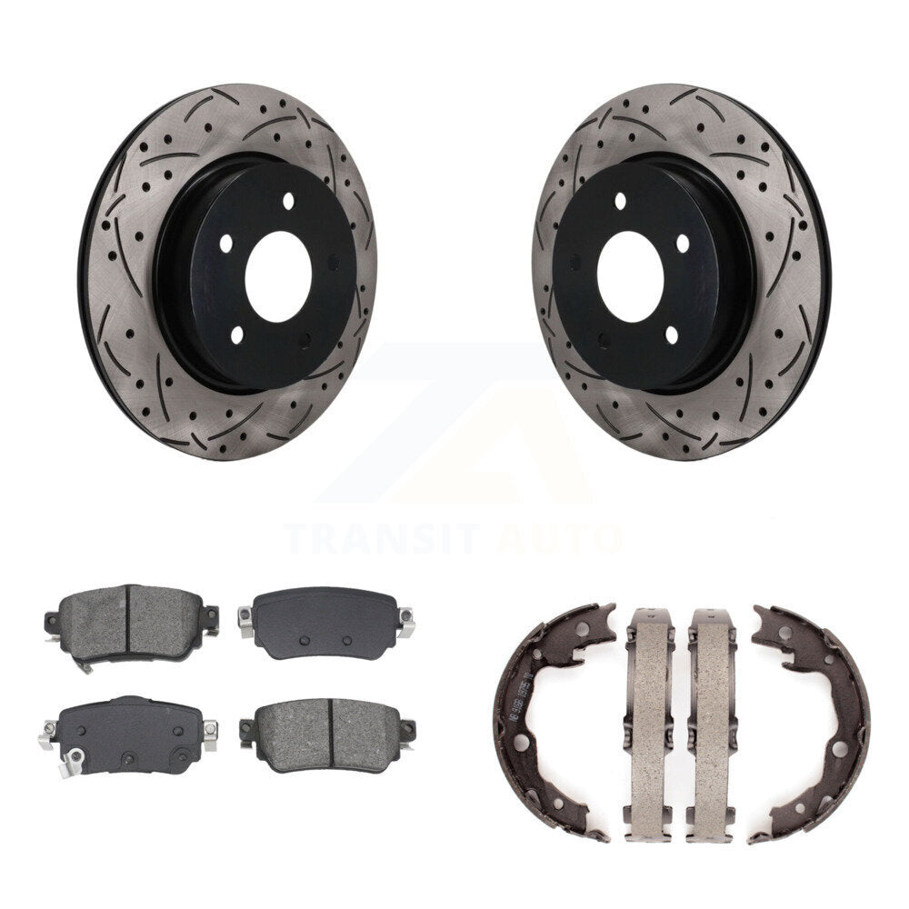 Rear Disc Drilled & Slotted Rotors Semi-Metallic Pads Parking Shoes Kit For Nissan LEAF KDS-101788