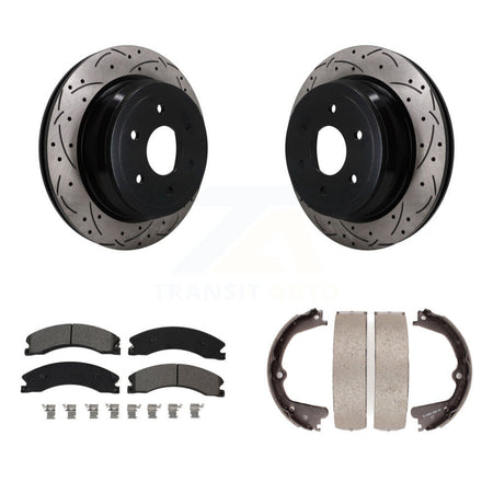 Rear Disc Drilled & Slotted Rotors Semi-Metallic Pads And Parking Brake Shoes Kit For KDS-101789