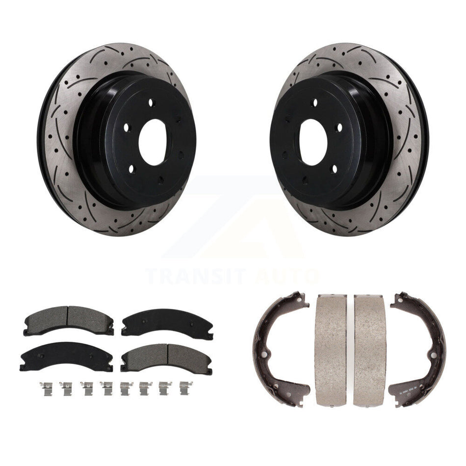 Rear Disc Drilled & Slotted Rotors Semi-Metallic Pads And Parking Brake Shoes Kit For KDS-101789