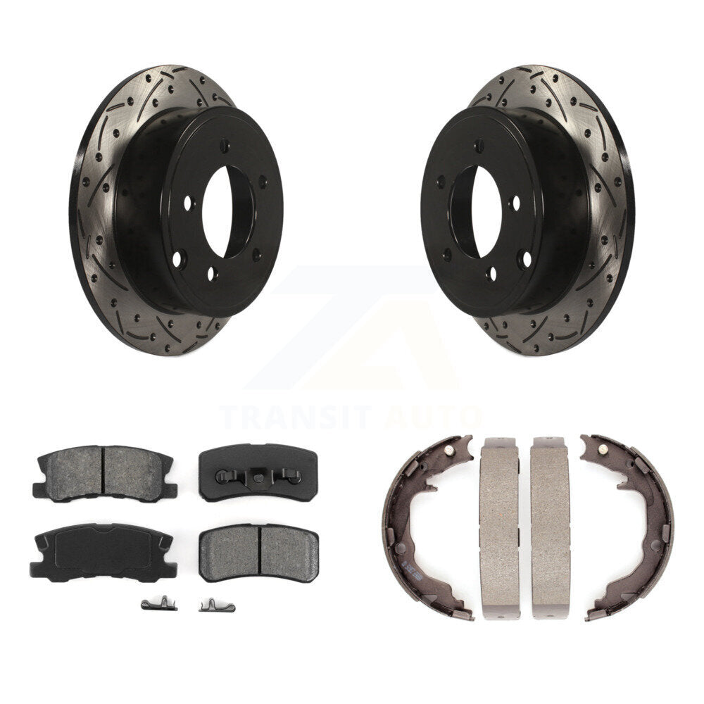 Rear Disc Drilled & Slotted Rotors Semi-Metallic Pads Parking Shoes Kit For Jeep Patriot KDS-101792