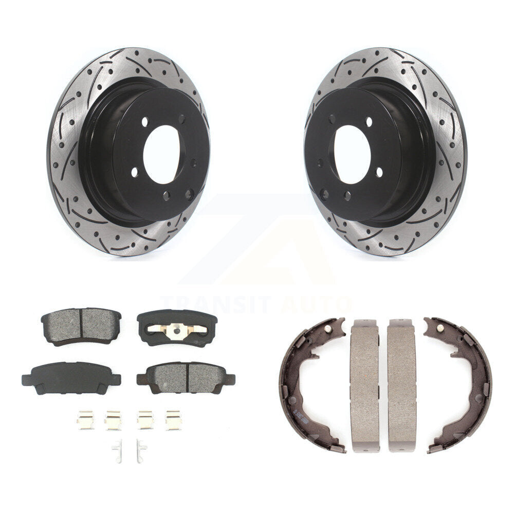 Rear Disc Drilled & Slotted Rotors Semi-Metallic Pads Parking Shoes Kit For Jeep Patriot KDS-101793