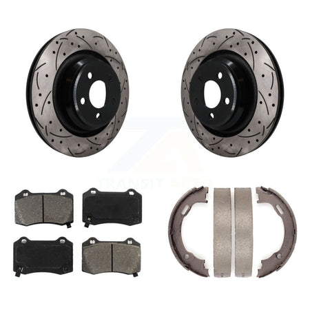 Rear Disc Drilled & Slotted Rotors Semi-Metallic Pads Parking Shoes Kit For Dodge Charger KDS-101795