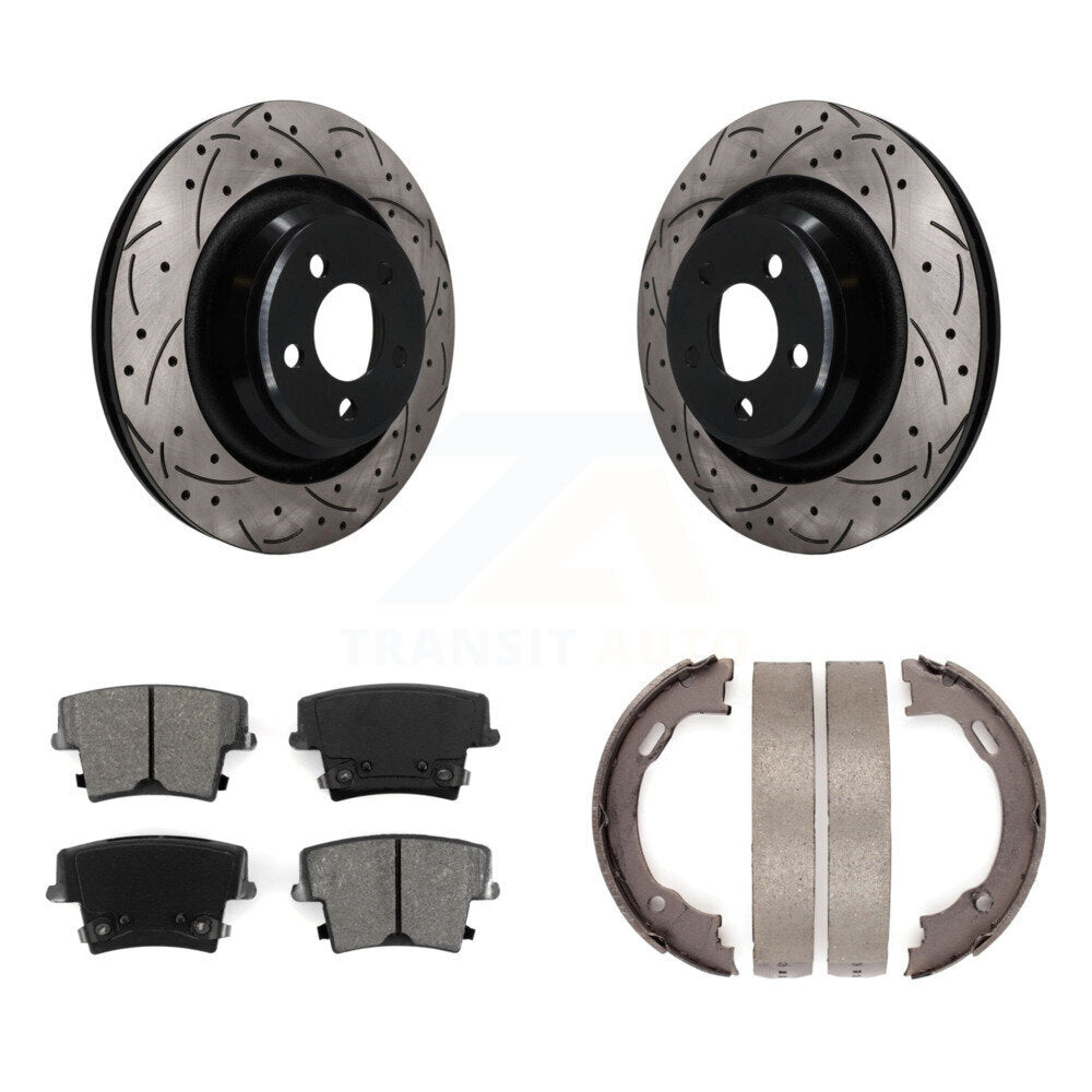 Rear Disc Drilled & Slotted Rotors Semi-Metallic Pads Parking Shoes Kit For Dodge Charger KDS-101796