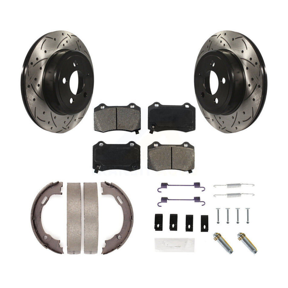 Rear Drilled Slotted Rotors Semi-Metallic Pads Parking Brake Shoes And Hardware Kit For KDS-101809