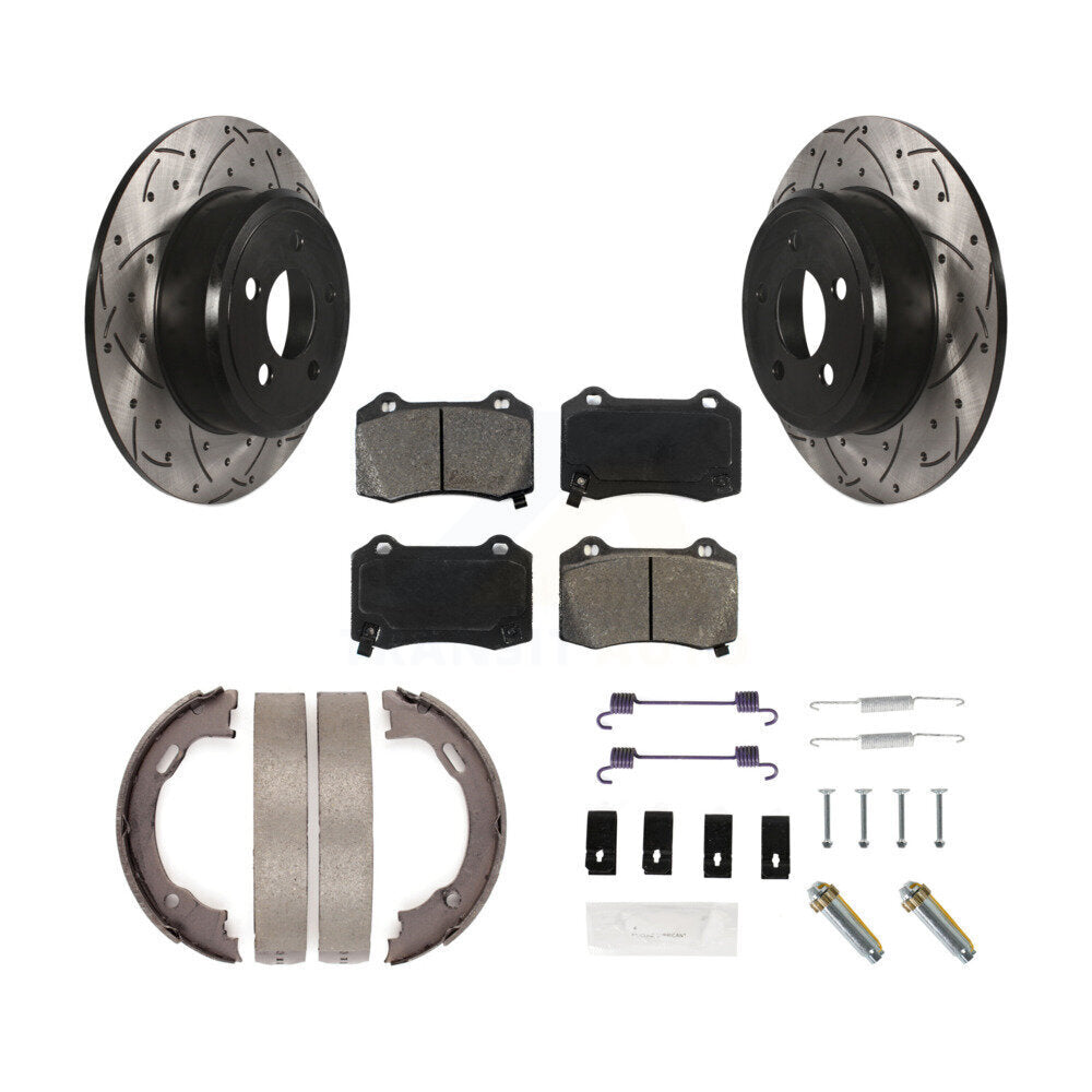 Rear Drilled Slotted Rotors Semi-Metallic Pads Parking Brake Shoes And Hardware Kit For KDS-101810