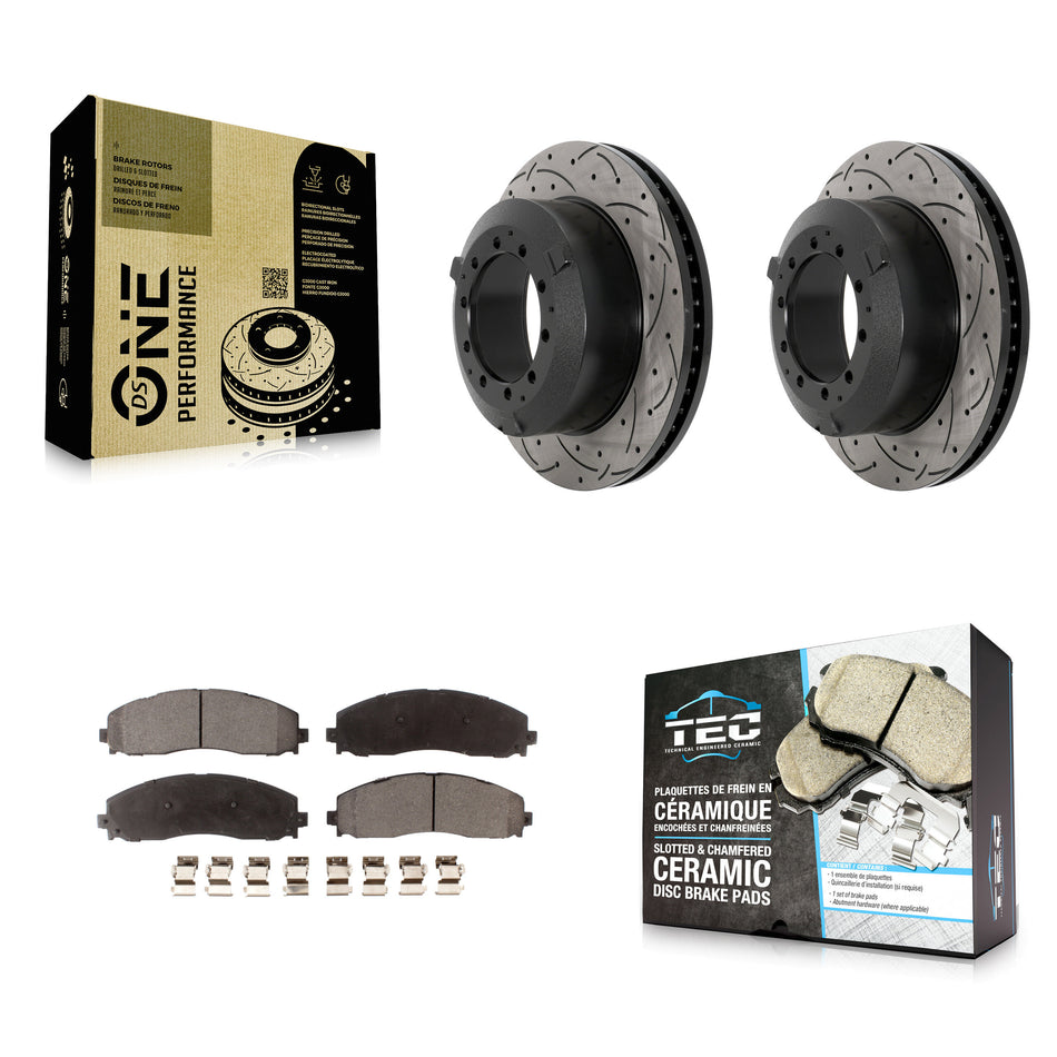 Rear Drill Slot Brake Rotor Ceramic Pad Kit For 15-16 Ford F-350 Super Duty Cab & Chassis KDT-101217
