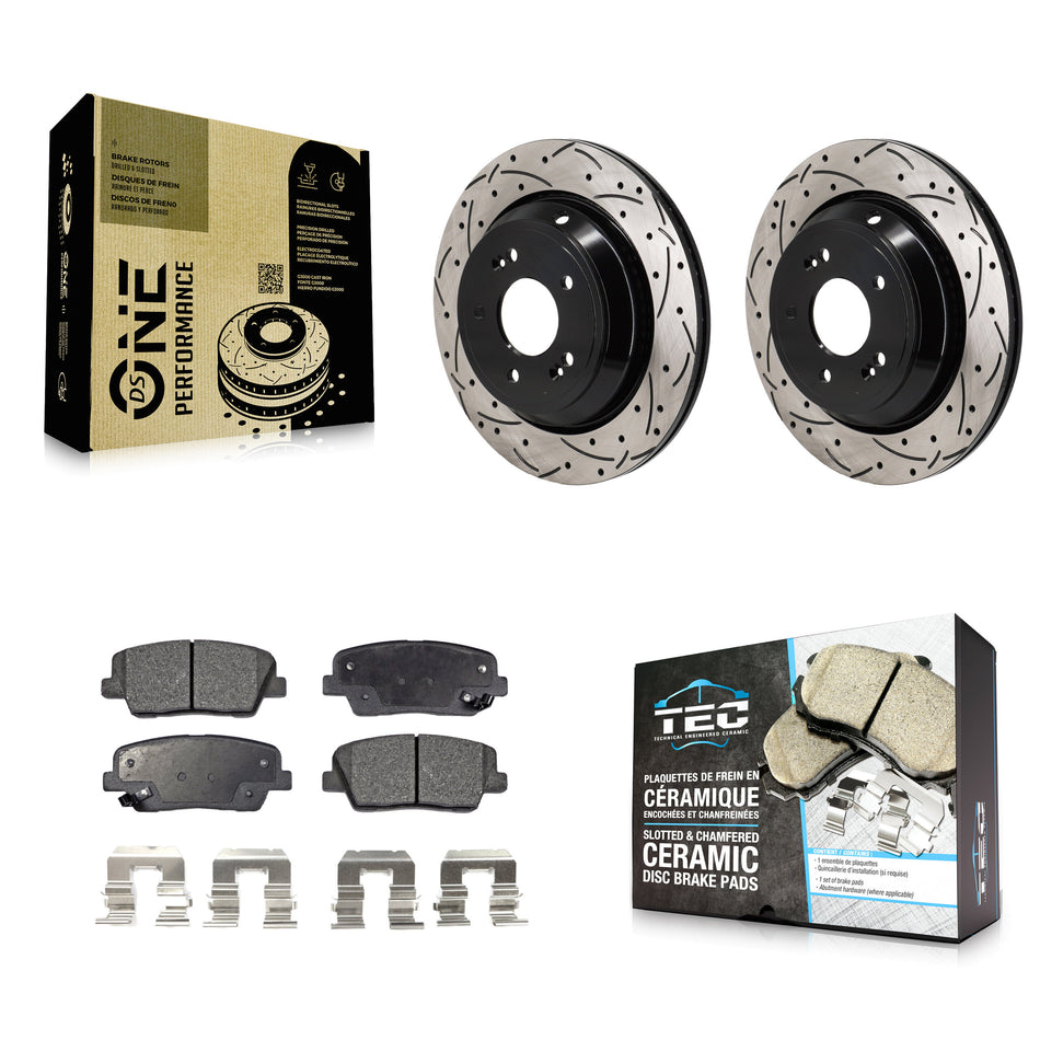 Rear Coated Drilled Slotted Disc Brake Rotor & Ceramic Pad Kit For Hyundai Equus Kia K900 KDT-101401