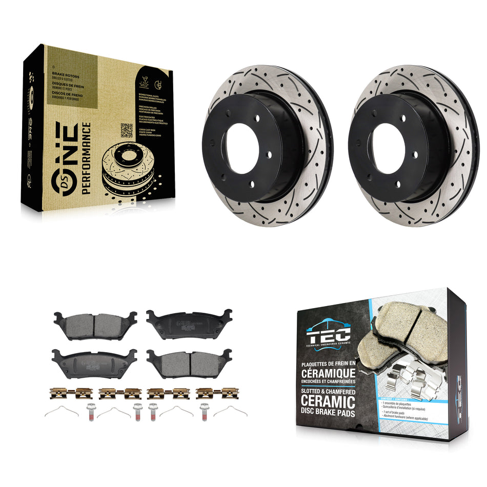 Rear Coated Drilled Slot Disc Brake Rotors Ceramic Pad Kit For 2022-2023 Ford Bronco 3.0L KDT-101430