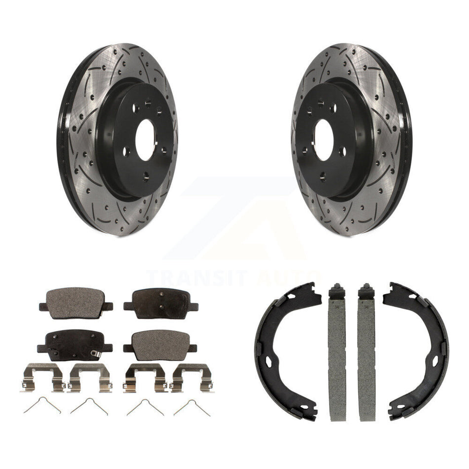 Rear Disc Drilled & Slotted Rotors Ceramic Pads Parking Shoes Kit For Chevrolet Camaro KDT-101447
