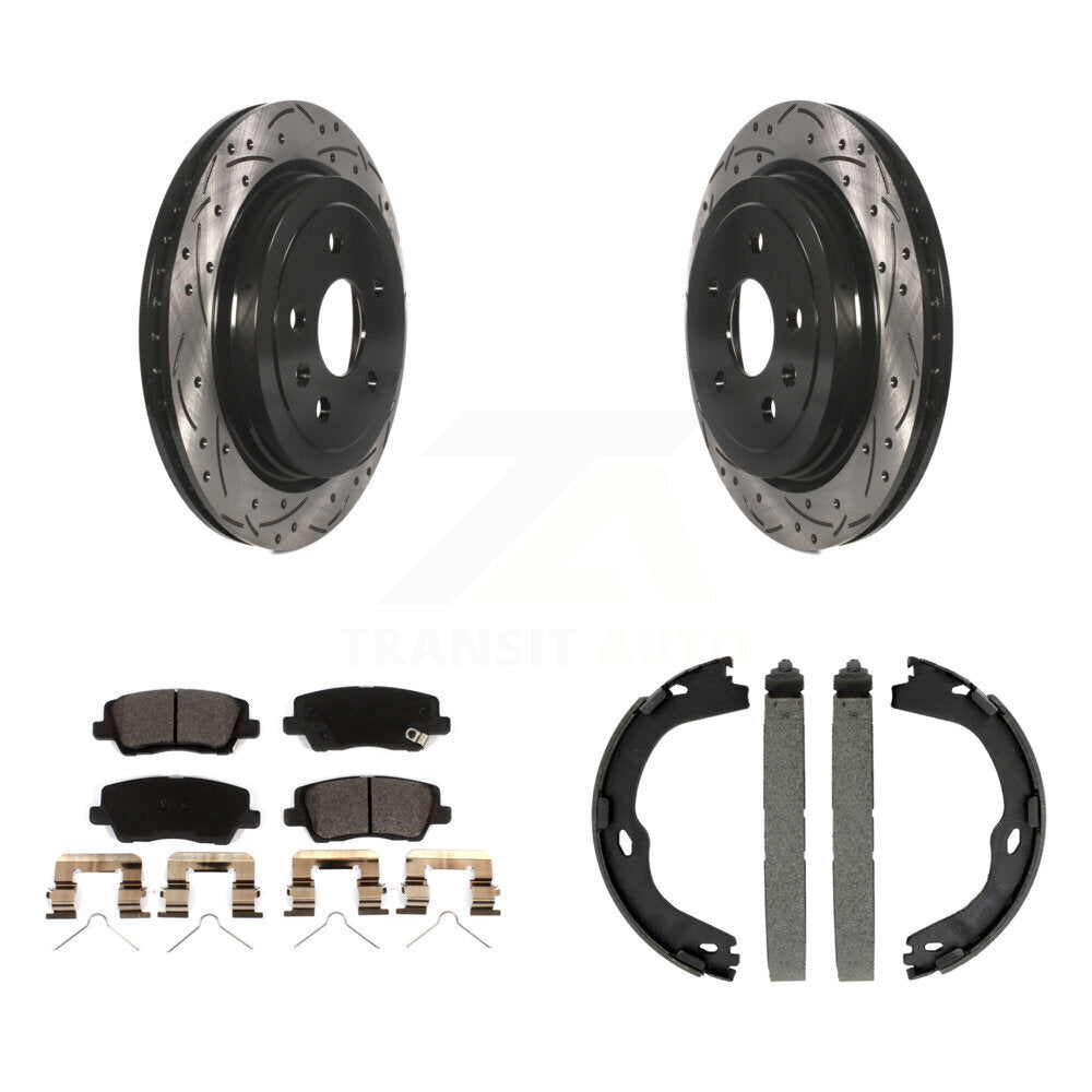 Rear Disc Drilled & Slotted Rotors Ceramic Pads Parking Brake Shoes Kit For Cadillac CTS KDT-101450