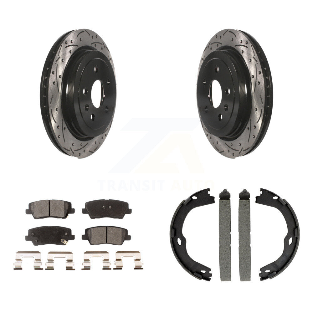 Rear Disc Drilled & Slotted Rotors Ceramic Pads Parking Brake Shoes Kit For Cadillac CTS KDT-101451