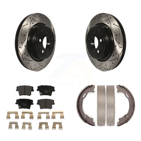 Rear Disc Drilled & Slotted Rotors Ceramic Pads Parking Brake Shoes Kit For Dodge Charger KDT-101455