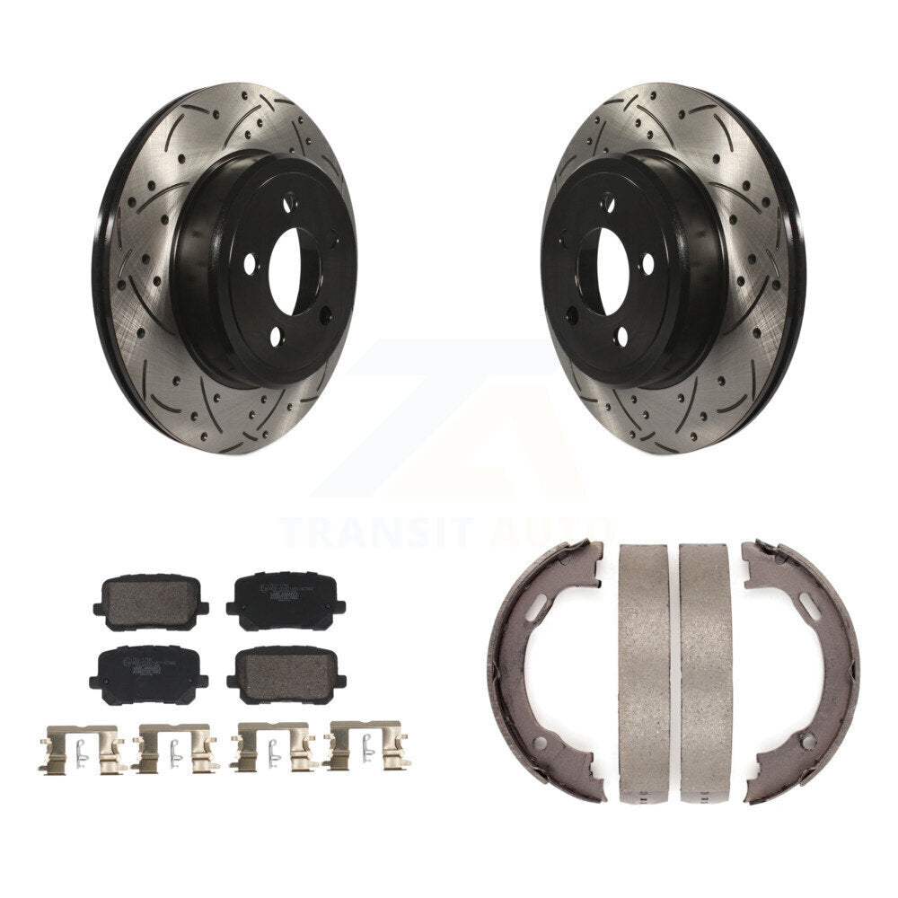 Rear Disc Drilled & Slotted Rotors Ceramic Pads Parking Brake Shoes Kit For Dodge Charger KDT-101458