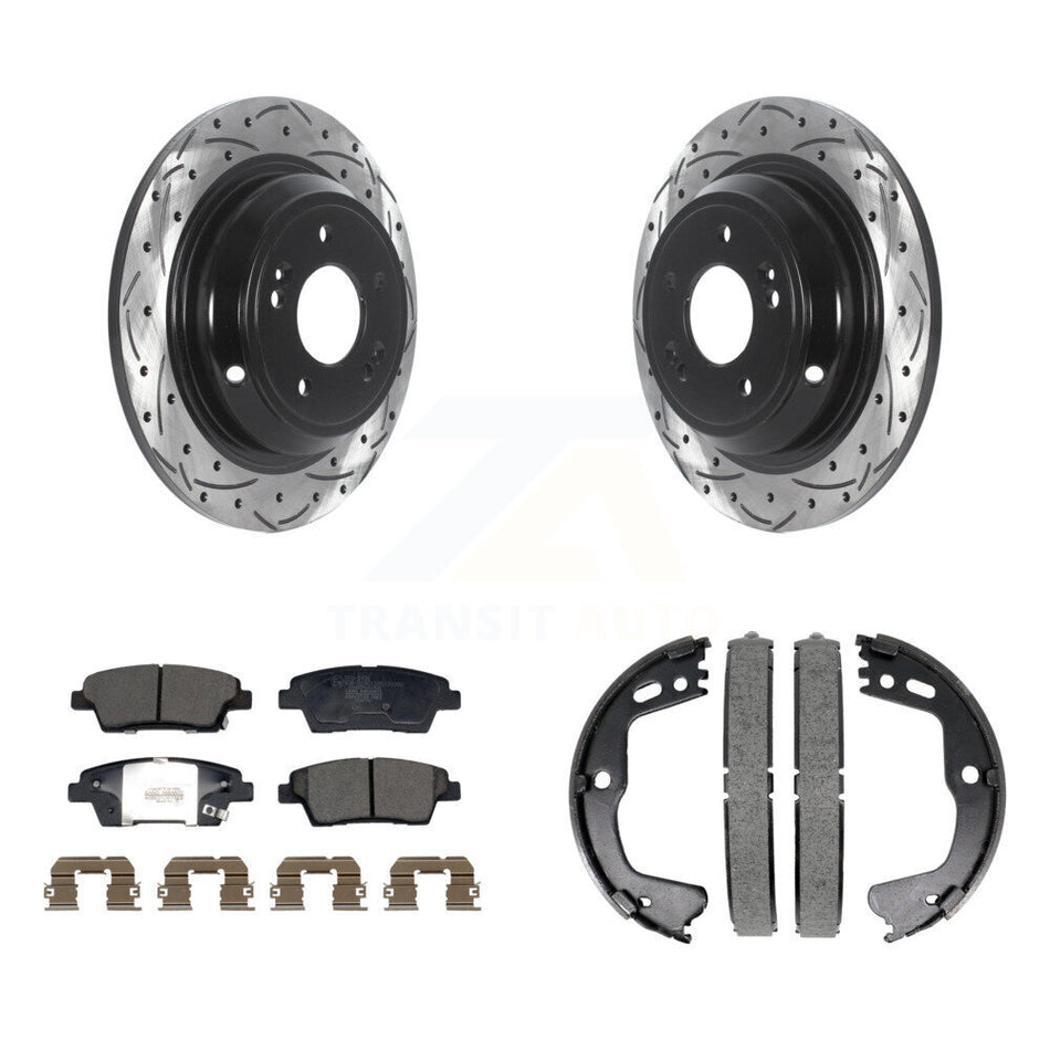 Rear Disc Drilled & Slotted Rotors Ceramic Pads Parking Brake Shoes Kit For Genesis G80 KDT-101460