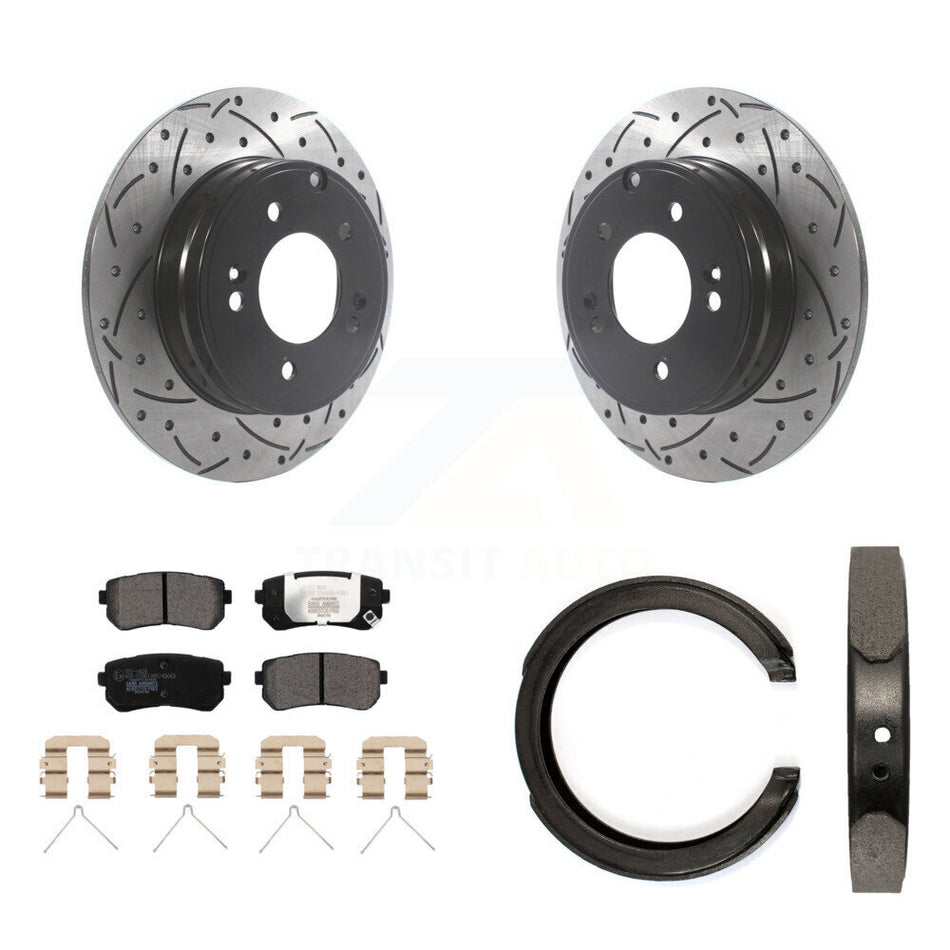 Rear Disc Drilled & Slotted Rotors Ceramic Pads Parking Brake Shoes Kit For Kia Optima KDT-101464