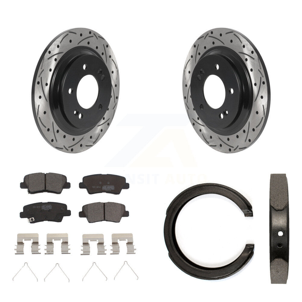 Rear Disc Drilled & Slotted Rotors Ceramic Pads Parking Brake Shoes Kit For Kia Optima KDT-101467