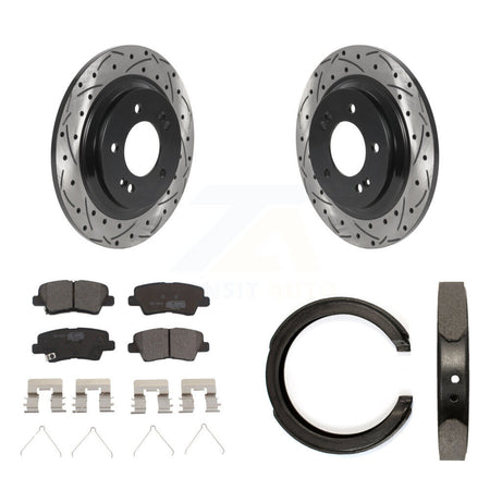 Rear Disc Drilled & Slotted Rotors Ceramic Pads Parking Brake Shoes Kit For Kia Optima KDT-101467