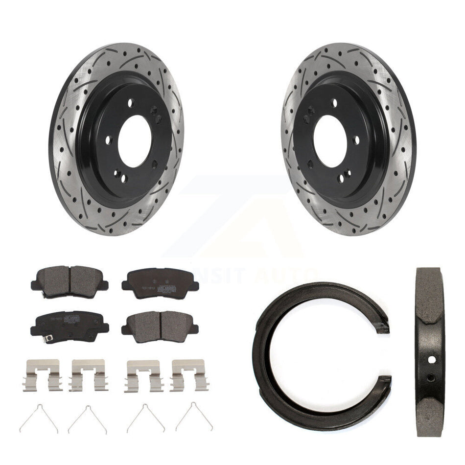 Rear Disc Drilled & Slotted Rotors Ceramic Pads Parking Brake Shoes Kit For Kia Optima KDT-101467