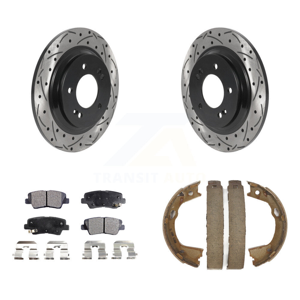 Rear Disc Drilled & Slotted Rotors Ceramic Pads Parking Brake Shoes Kit For Kia Optima KDT-101468