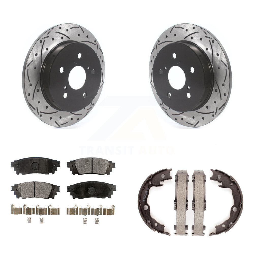 Rear Disc Drilled & Slotted Rotors Ceramic Pads Parking Shoes Kit For Toyota Camry RAV4 KDT-101469