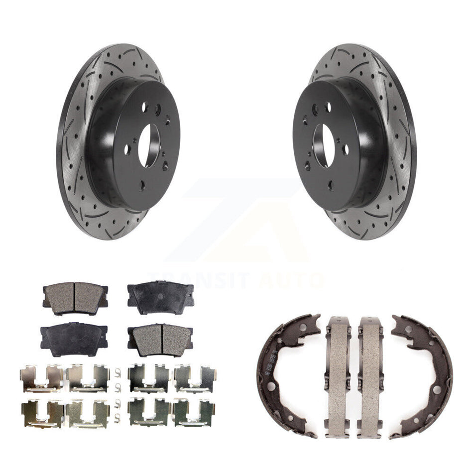 Rear Disc Drilled & Slotted Rotors Ceramic Pads Parking Brake Shoes Kit For Toyota Camry KDT-101470