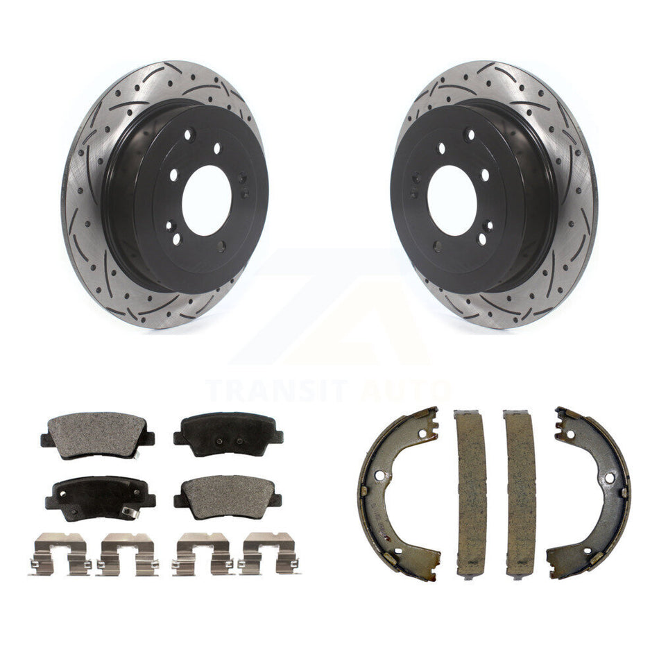 Rear Disc Drilled & Slotted Rotors Ceramic Pads Parking Shoes Kit For Hyundai Tucson Kia KDT-101471