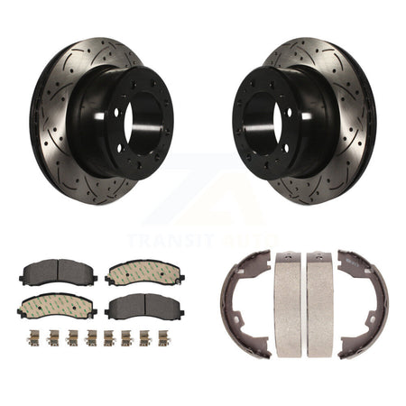Rear Disc Drilled & Slotted Rotors Ceramic Pads Parking Brake Shoes Kit For Ram 2500 3500 KDT-101472