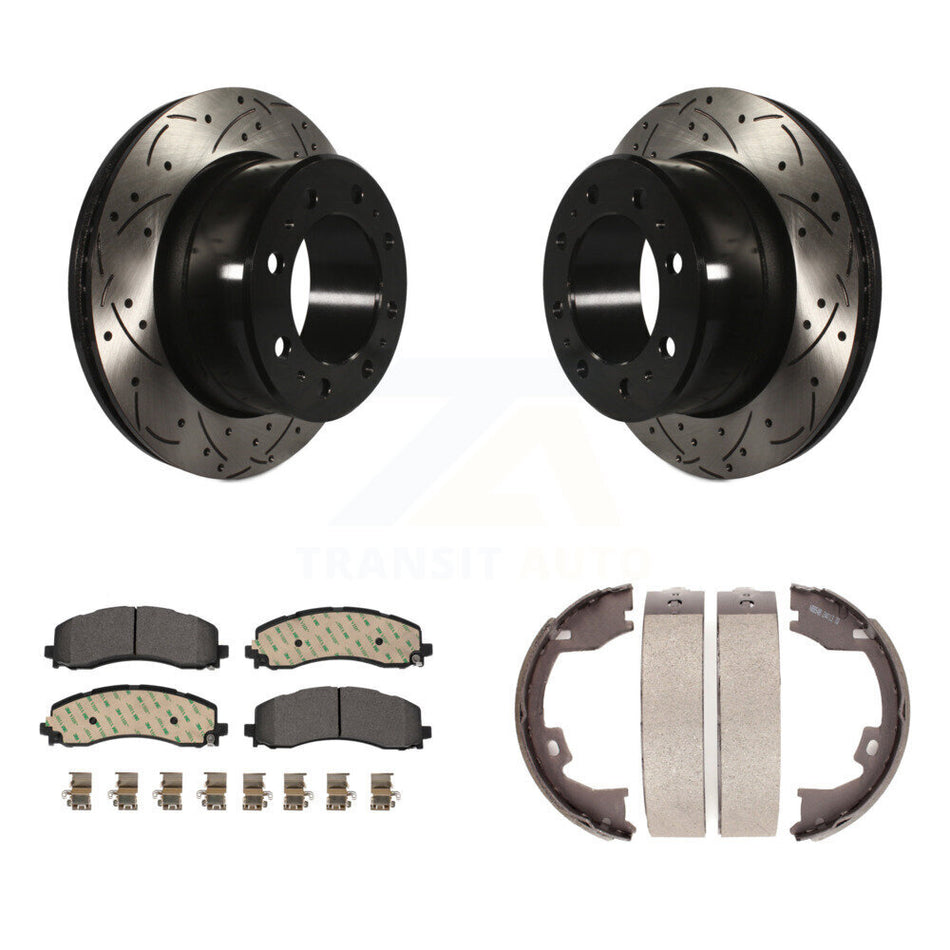 Rear Disc Drilled & Slotted Rotors Ceramic Pads Parking Brake Shoes Kit For Ram 2500 3500 KDT-101472