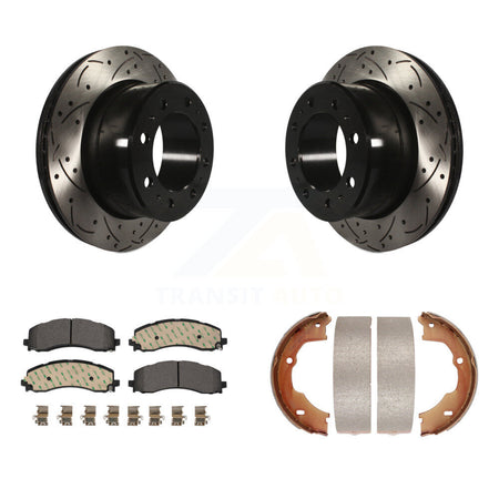 Rear Disc Drilled & Slotted Rotors Ceramic Pads And Parking Brake Shoes Kit For Ram 3500 KDT-101474