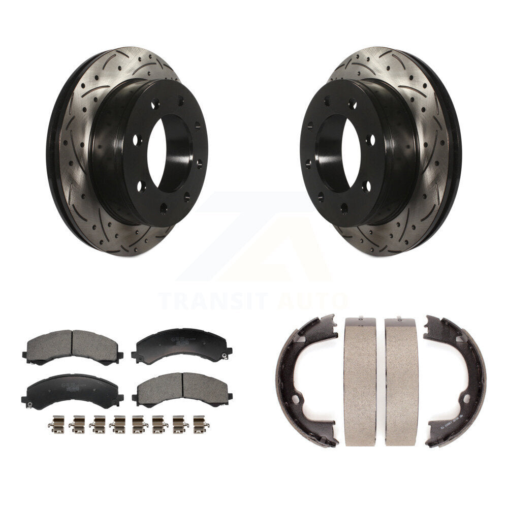Rear Disc Drilled & Slotted Rotors Ceramic Pads And Parking Shoes Kit For GMC Savana 2500 KDT-101476