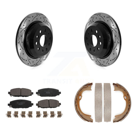 Rear Disc Drilled & Slotted Rotors Ceramic Pads Parking Brake Shoes Kit For Jeep Wrangler KDT-101495