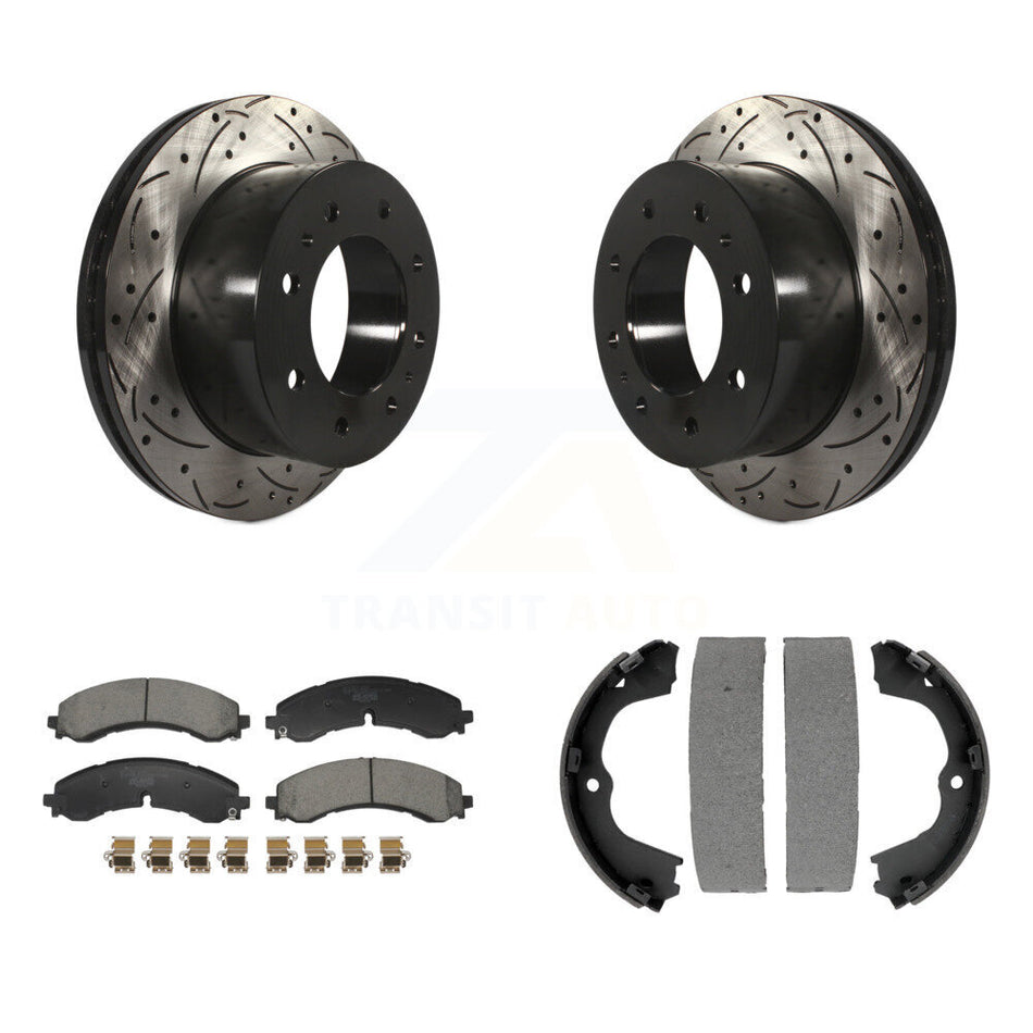Rear Disc Drilled & Slotted Rotors Ceramic Pads Parking Shoes Kit For GMC Chevrolet 2500 KDT-101496