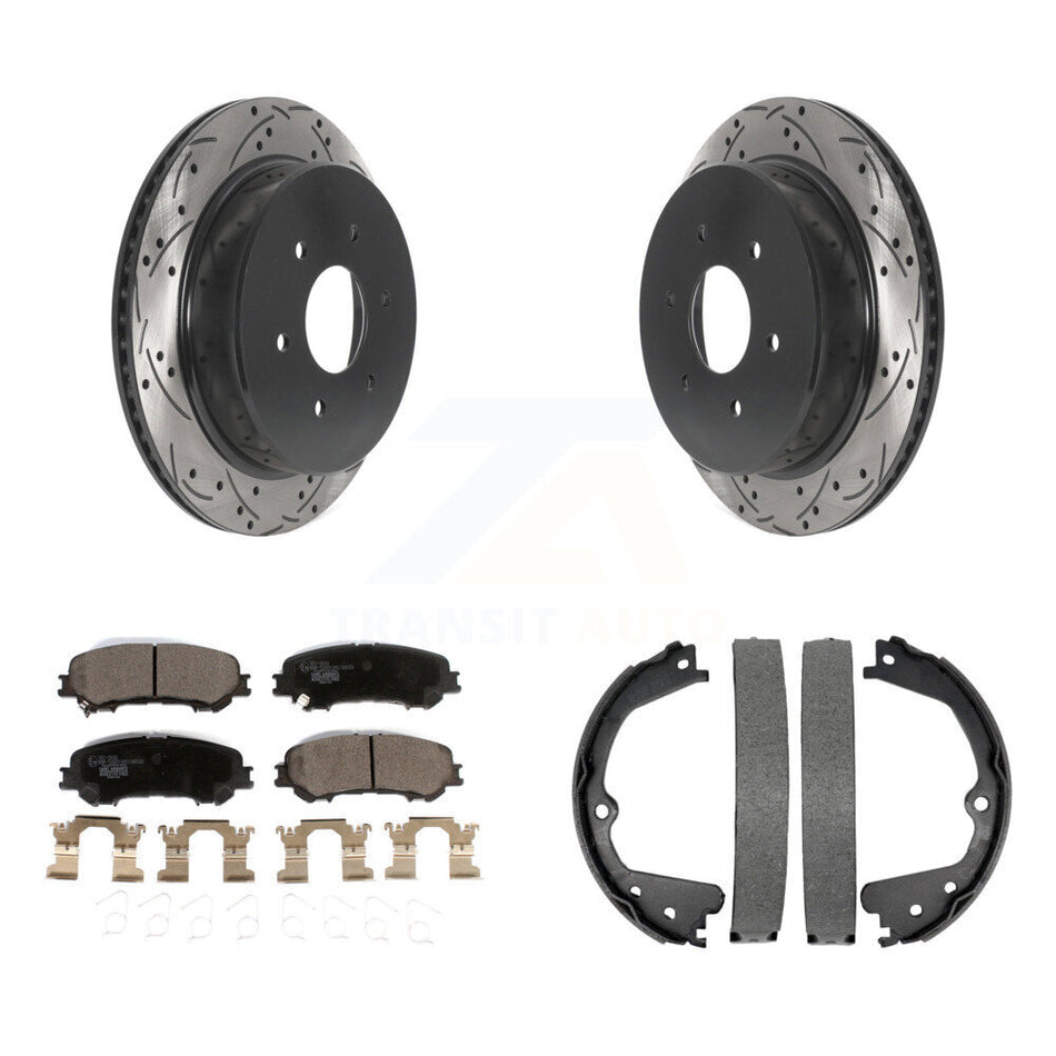Rear Disc Drilled & Slotted Rotors Ceramic Pads Parking Shoes Kit For 17-23 Nissan TITAN KDT-101497