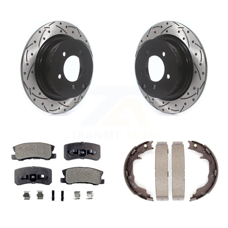 Rear Disc Drilled & Slotted Rotors Ceramic Pads Parking Shoes Kit For Jeep Mitsubishi 200 KDT-101498