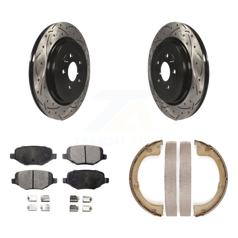 Rear Disc Drilled & Slotted Rotors Ceramic Pads Parking Brake Shoes Kit For Lincoln MKT KDT-101507