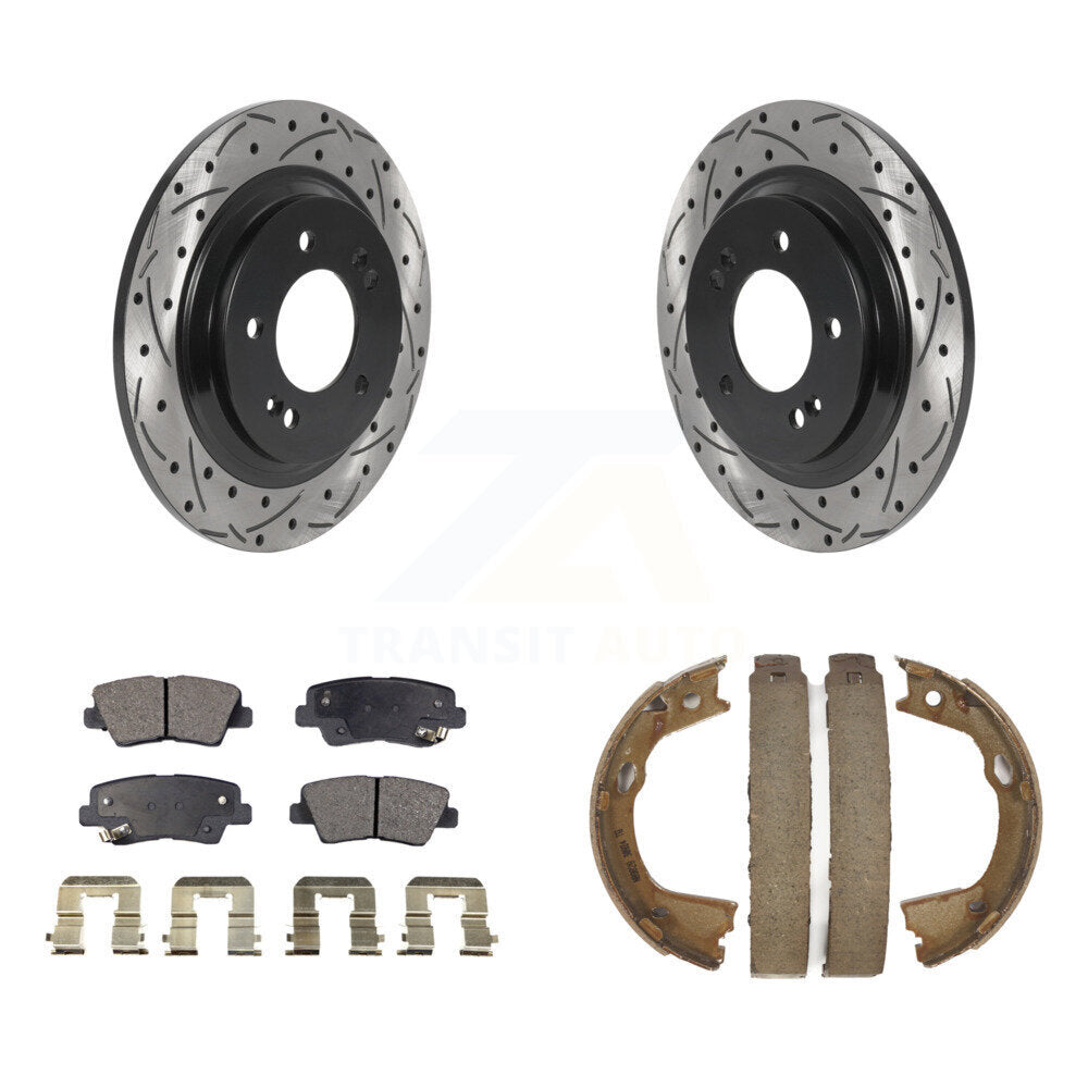 Rear Disc Drilled & Slotted Rotors Ceramic Pads And Parking Shoes Kit For Hyundai Sonata KDT-101508