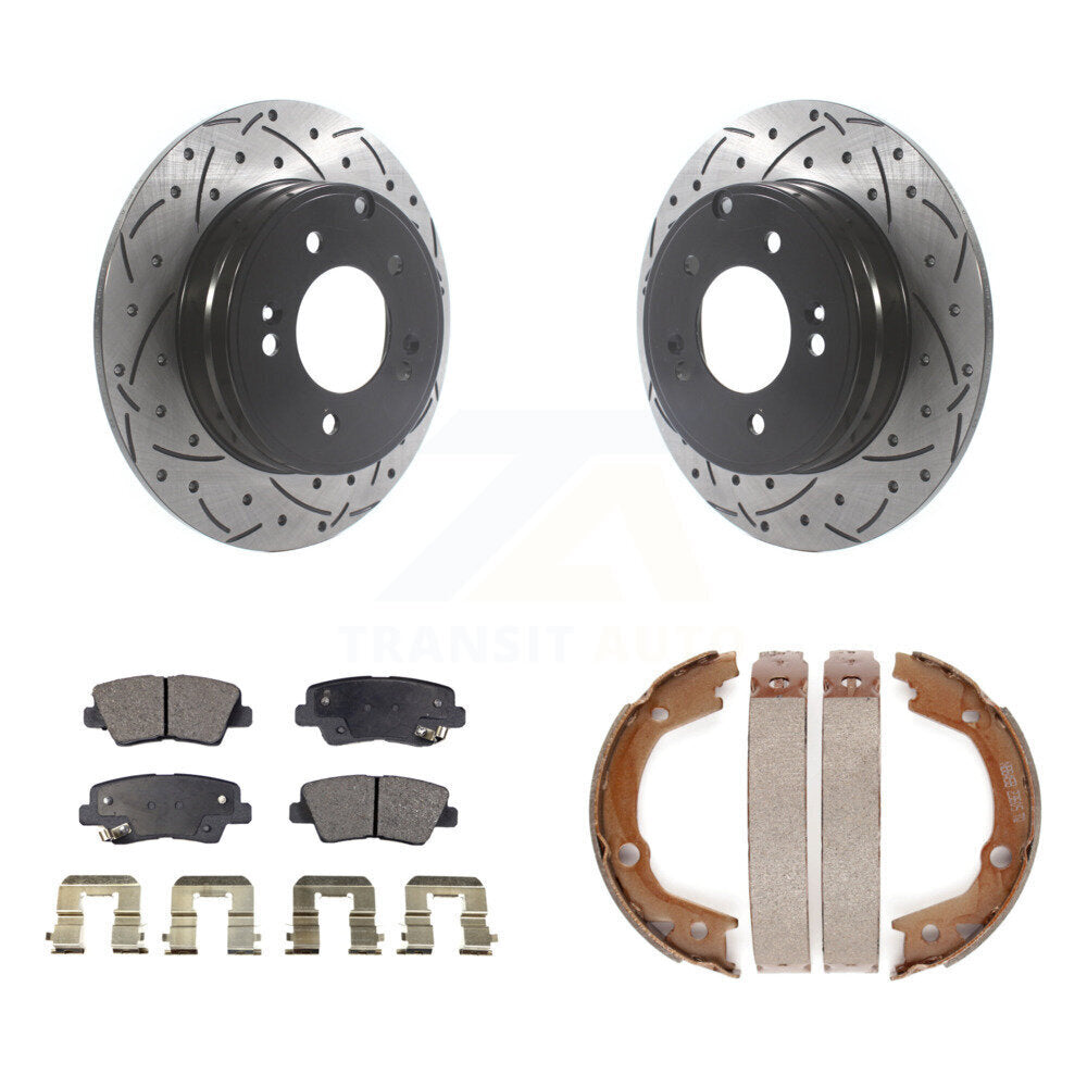 Rear Disc Drilled & Slotted Rotors Ceramic Pads Parking Shoes Kit For Hyundai Sonata 3.3L KDT-101509