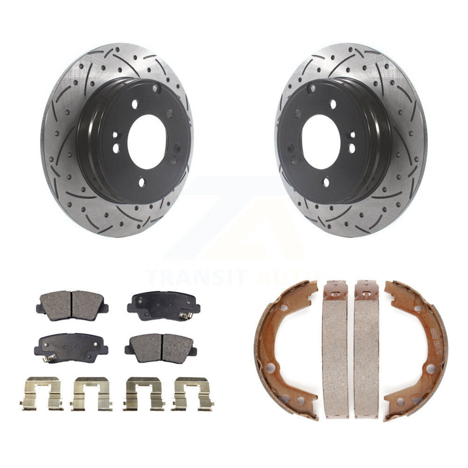 Rear Disc Drilled & Slotted Rotors Ceramic Pads Parking Shoes Kit For Hyundai Sonata 3.3L KDT-101509